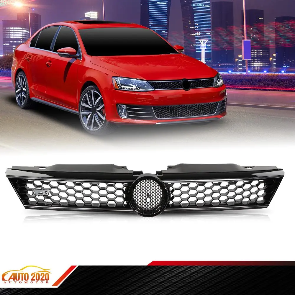Front Grille Trim Gloss Black Honeycomb W/chrome Fit For 2011-2014 Vw Jetta