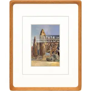 11x14 Picture Frame with Mat for 5x7/8x10,  Teak  Handcrafted Rounded Corner with Real Glass, Vertical or Horizontal Display Photo Gallery Wall Mounting Frame