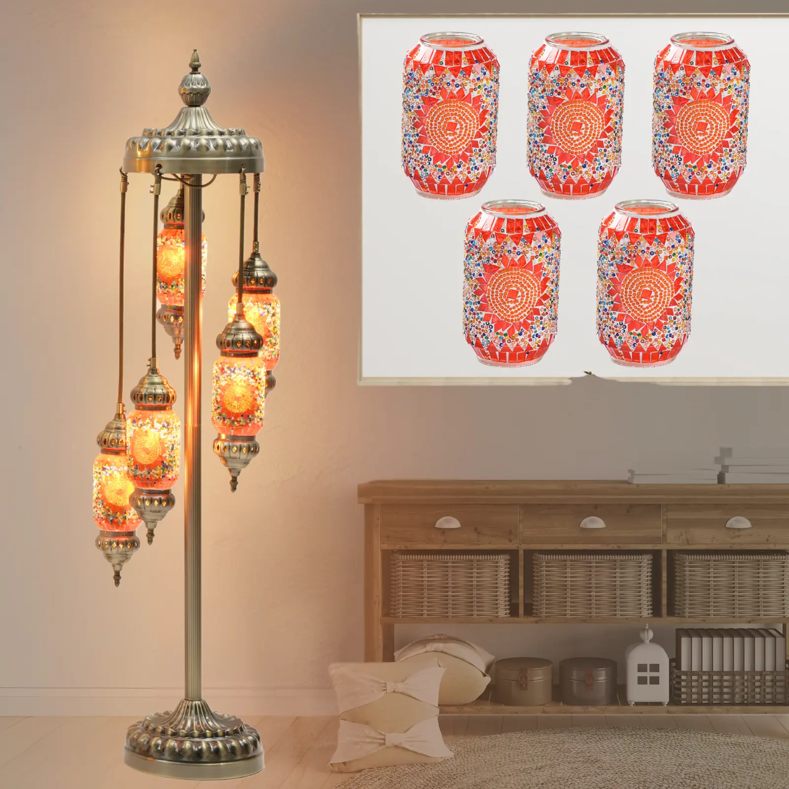52 Inch Handmade Turkish Mosaic Floor Lamp, 5 Mixed Color Stained Glass Globes, Weighted Heavy Base, E12 Bulb Included, Bohemian Vintage Standing Light for Bedroom Living Room Home Decor & Gift