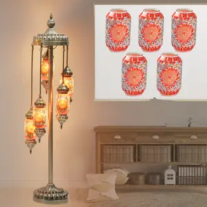 52 Inch Handmade Turkish Mosaic Floor Lamp, 5 Mixed Color Stained Glass Globes, Weighted Heavy Base, E12 Bulb Included, Bohemian Vintage Standing Light for Bedroom Living Room Home Decor & Gift