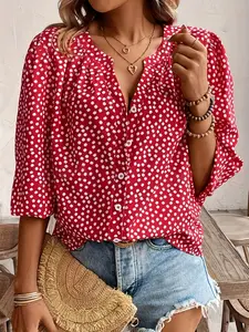 A ladies' red floral woven V-necked lantern sleeve blouse shirt with a fresh and sweet beachy Spring vibe Top