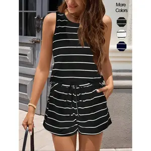 Women’s two-piece outfit featuring a fitted striped print vest and shorts; casual sleeveless top and shorts; women’s two-piece clothing set, ClothesGARMENTARY