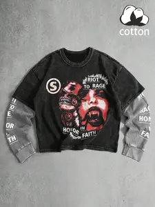 Men's Spring Fall Two-Piece Long Sleeve Fitted T-Shirt, Cyberpunk Slogan Graphic Print, High-Quality Washed Cotton, Casual Streetwear, Party Wear