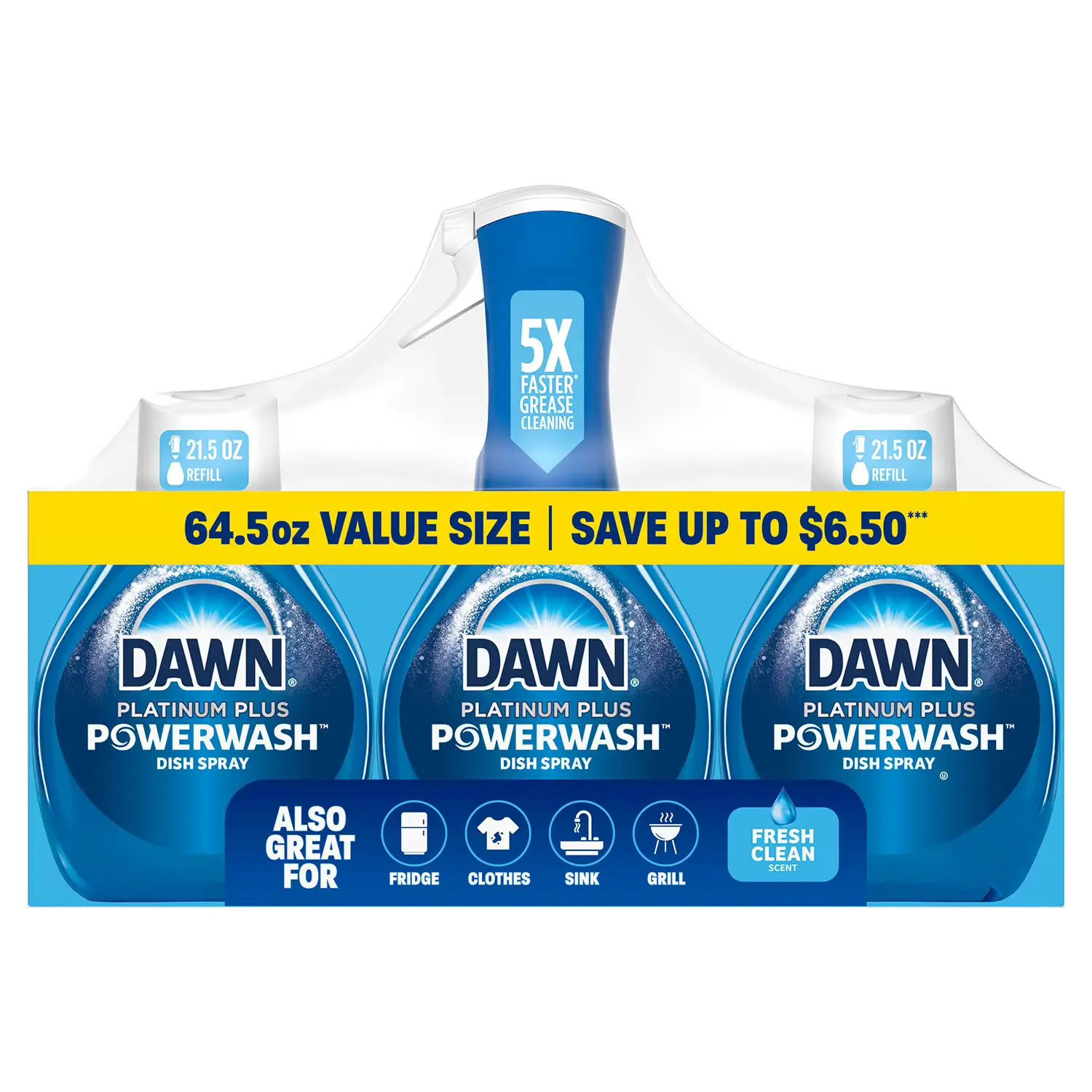 Dawn Platinum Plus Power wash Dish Spray Bottle Set, Fresh Scent, 1 Spray Bottle + 2 Refills, 64.5 fl. oz.