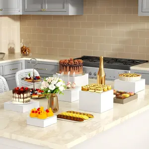 LOVEWE 6-Piece Acrylic Buffet Table Riser Set for Food Desserts Collectibles Jewelry Figurines Sturdy Nestable Hollow Bottom Display Stands Kitchen