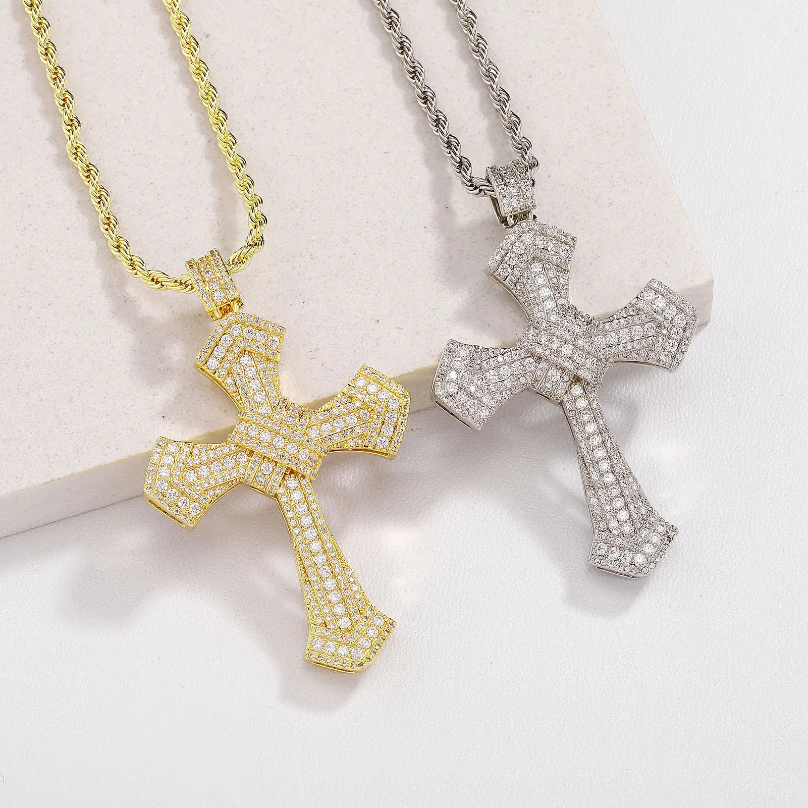 Hip Hop T Square Zircon Cross Pendant Necklace for Men and Women Fashion Personality Necklace
