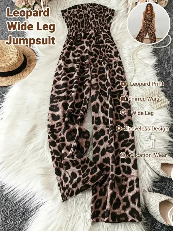 Women's Leopard Print Shirred Wide Leg Jumpsuit, Casual Sleeveless Tube Jumpsuit for Vacation Holiday, Ladies Clothes for All Seasons