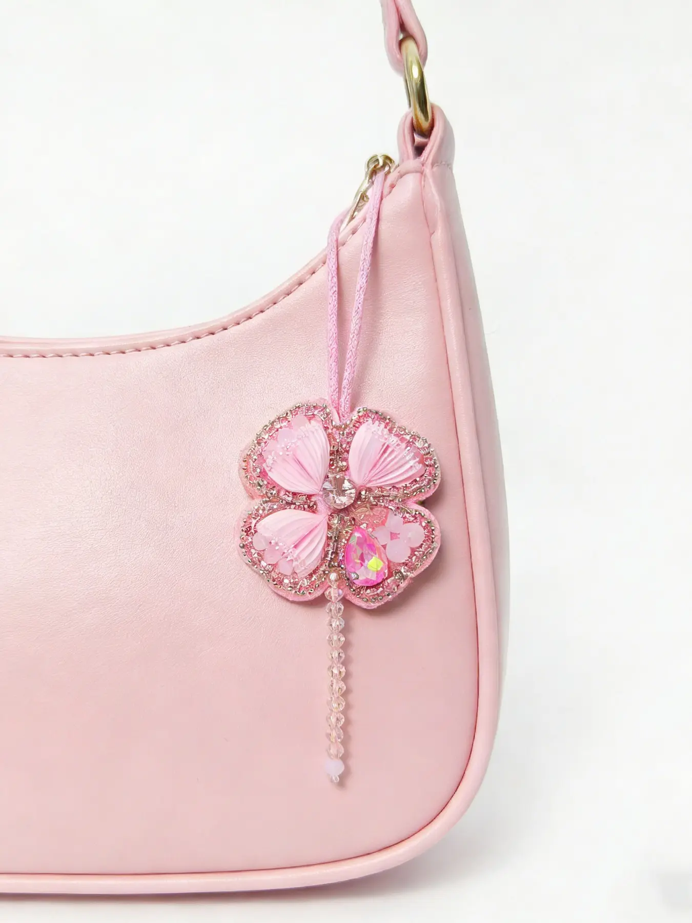 Valentine's Day gift handmade three-dimensional pink flower bag pendant, personalized pleated petals with diamond-encrusted pistil woven lanyard, niche design bag pendant, Sparkly Bag Charm, Cute Bag Pendant