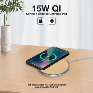 Bamboo Elegance Wireless Charger 15W QI Certified Charging Pad for Ultimate Convenience for Phone Earbuds Cordless Chargers for iPhone 8, iPhone 8 Plus, iPhone X ect Smartphone Cellphone