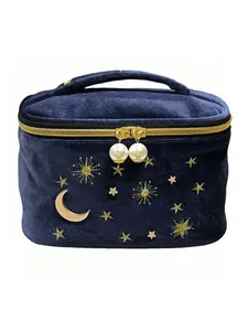 Large Capacity Cute Japanese Style Star Moon Embroidered Velvet Makeup Bag, Travel Cosmetic Bags, Makeup Organizer Pouch, Multi-Layer Storage Pouch for Women, Home and Travel Use