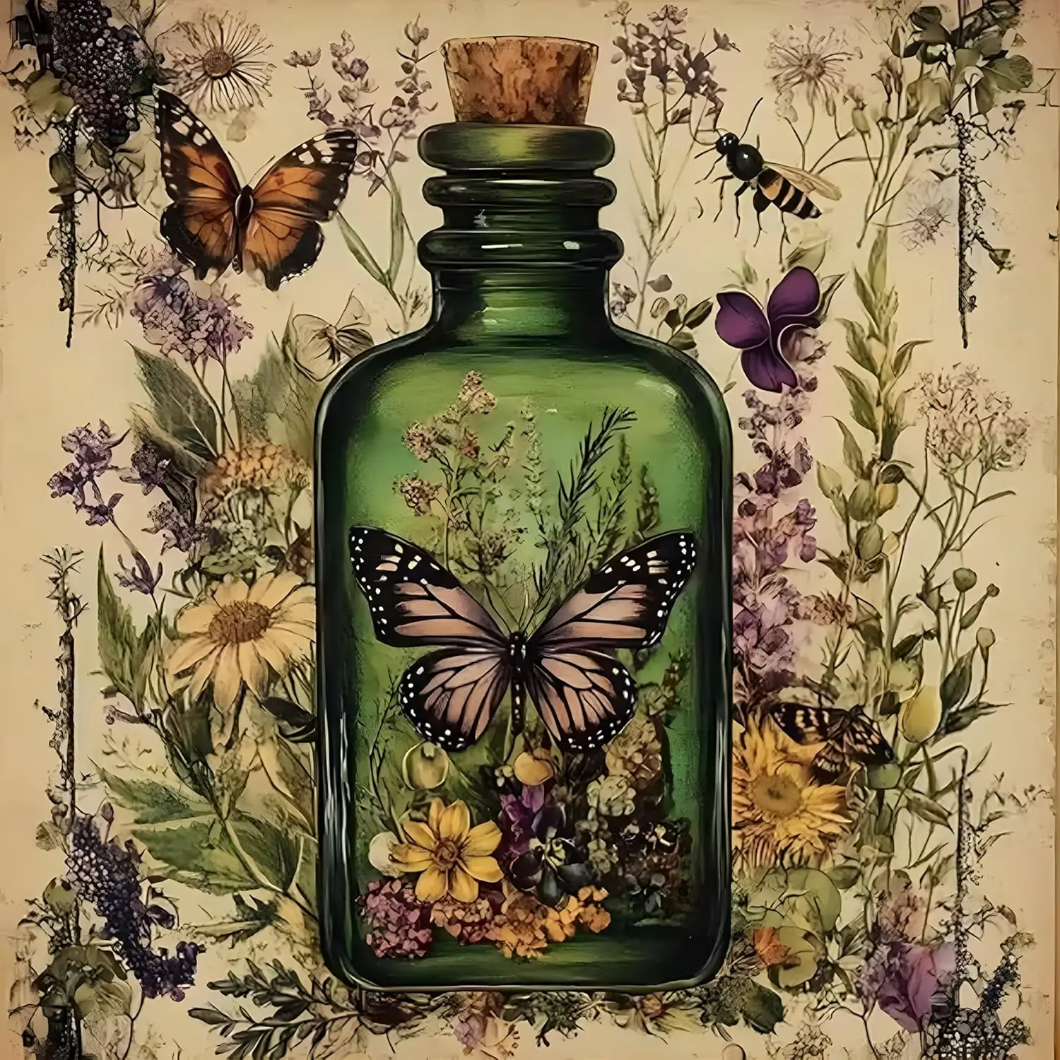 5D Diamond Painting Kit, Vintage Green Glass Bottle with Dried Wildflowers, Butterflies & Bee, Aged Paper Background, Boho Botanical Insect-Theme Crystal Rhinestone Wall Decor Gift for DIY Needlework Enthusiasts