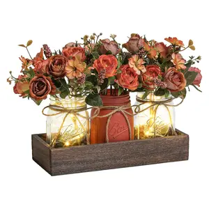 3 Pcs Mason Jar Centerpiece Table Decorations for Dining Table Decor Farmhouse Coffee Table Decor with Wood Tray and Led Light Table Centerpieces for Dining room Kitchen Living Bathroom.