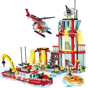 City Fire Brigade Building Blocks Set, Marine Fire Brigade Station, Rescue Helicopter, Ship, Fire Brigade Toys Gift 779 pieces