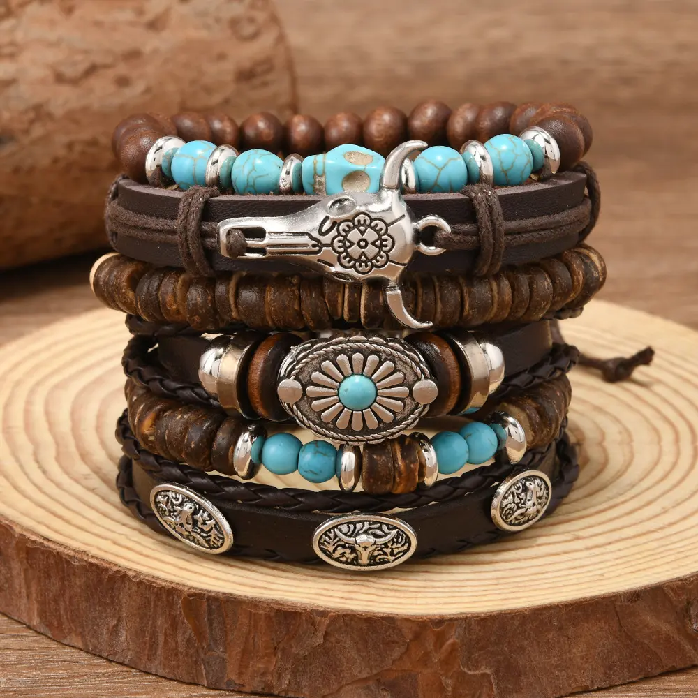 Western Bracelets for Women, Unisex Vintage Turquoise Bracelet for Men Bohemian Charm Stackable Jewelry Beaded Cow Western Outfits for Women