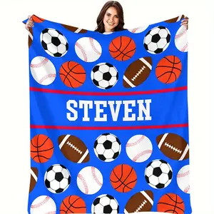 Custom Name Flannel Blanket with Football, Volleyball, Baseball, and Basketball Patterns - Personalized Blanket with Self-Defined Name Text, Holiday Gift for Friends, Family, and Loved Ones - 2D Flat Design, 2D Flat