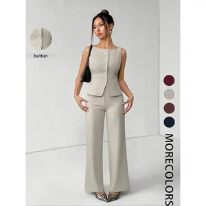 Women’s solid-color buttoned chest vest and wide-leg pants set, summer casual fashion two-piece set, women’s everyday wear, suit, office siren set GARMENTARY