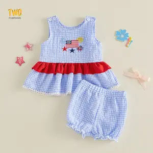 Toddler Baby Girl 4th Of July Outfits Smocked Bubble Sleeveless Top Gingham Shorts Fourth Of July Clothes