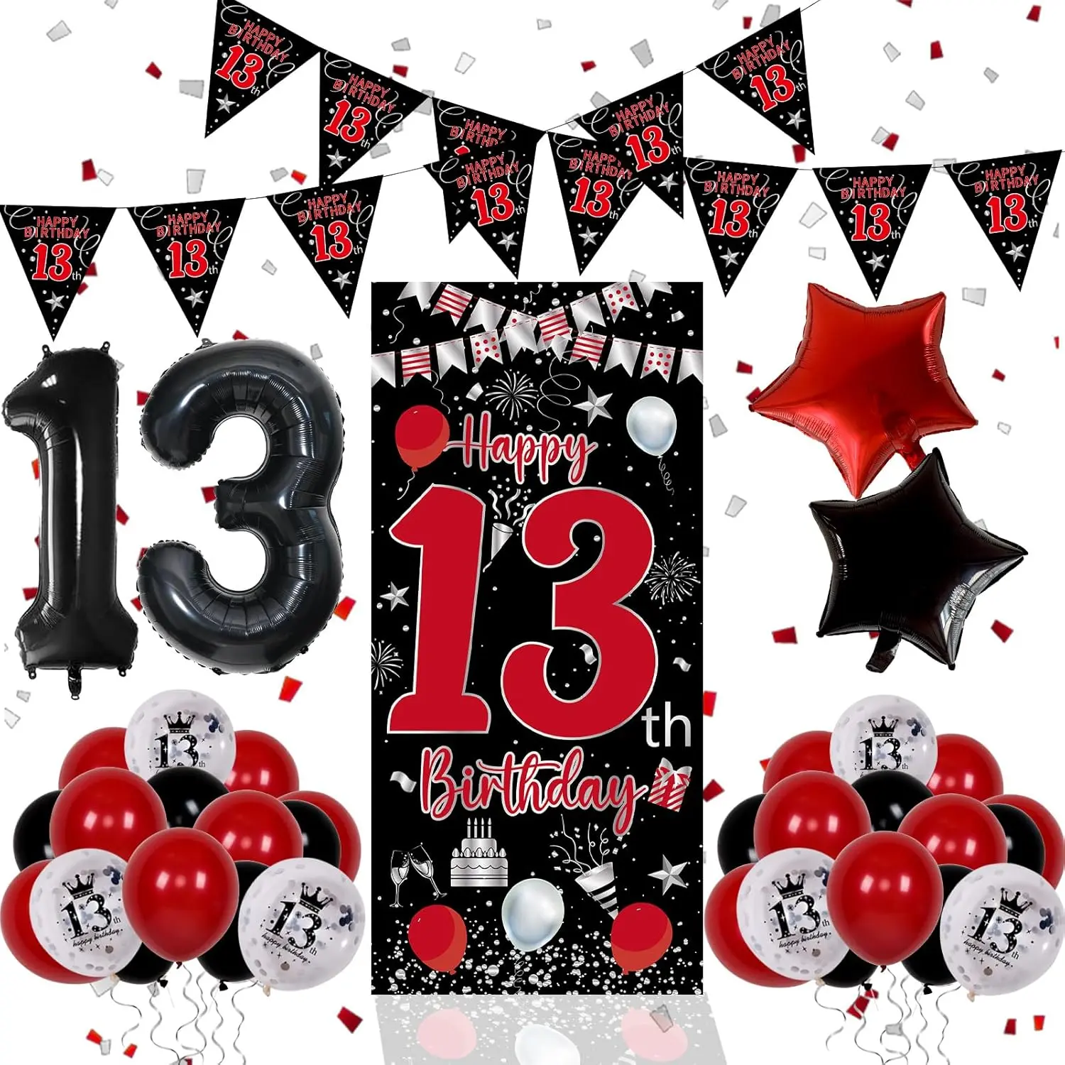 13Th Birthday Decorations For Boys Girls, Red Black Happy 13Th Birthday Door Banner Sign, Boy 13 Year Old Bday Party Decor Triangle Flag, Large 13 Balloons, Official 13 Teenager Decorations
