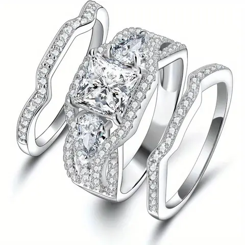 GEMSME Unisex Elegant 2ct Total Princess-Pear Cut 3-Stone 3-In-1 Square Stackable Cubic Zirconia Ring Stack, March Jewelry for Women, Wedding Anniversary Ring, Engagement Promise Piece, Christmas Gift Set (Sizes 5-10, R-1006-W, Bling Effect, Free Return)
