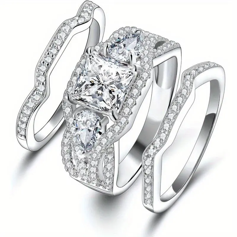 GEMSME 2CT  Princess Cut Pear Cut Three Stones Three-In-One Square Wedding Engagement Stackable Cubic Zirconia Promise Eternity Ring Set for Women Mother Day Birthday Christmas Gift Size 5-10 R-1006-W
