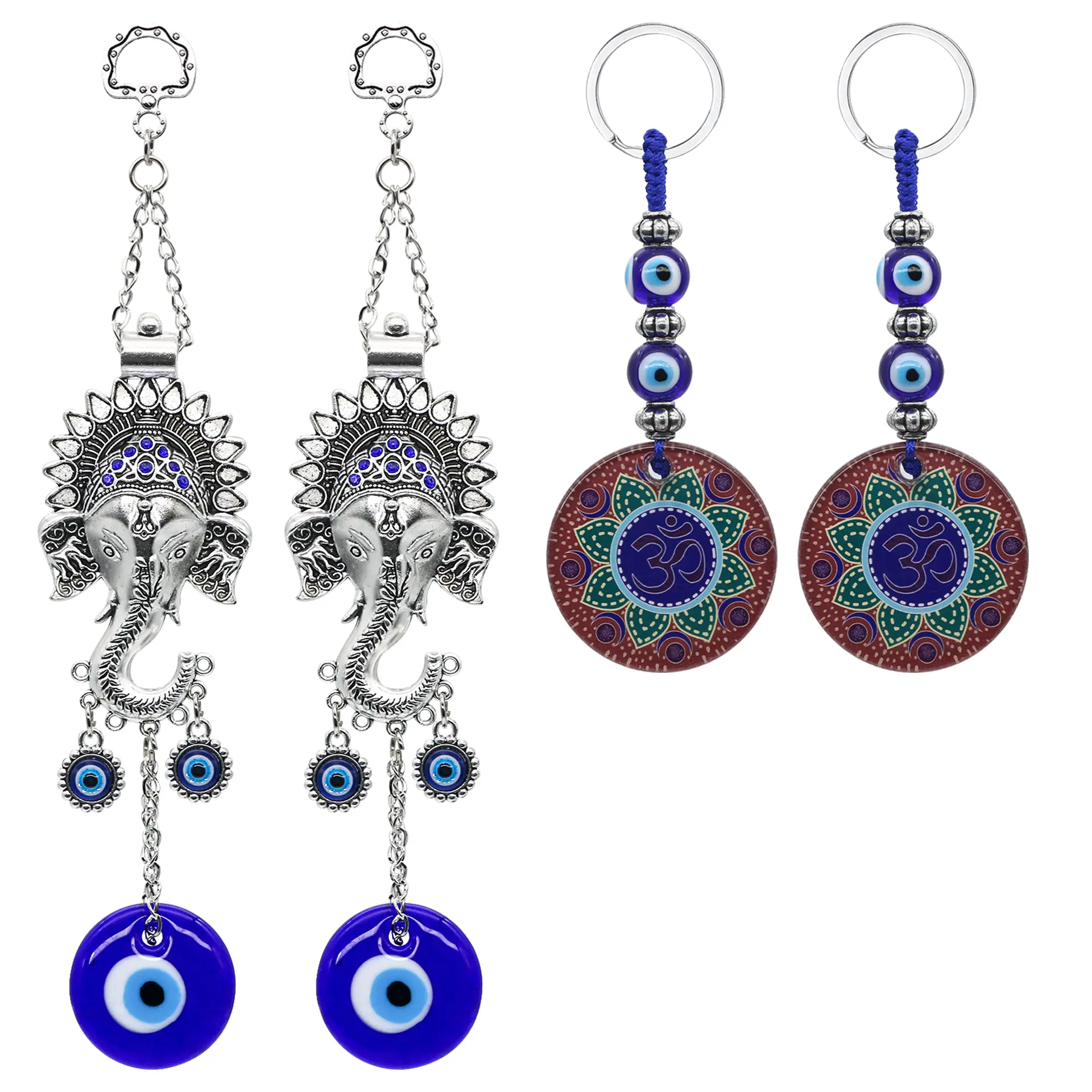 Evil Eye Car Hanging Ornaments 4 Pack - Lord Ganesha Evil Eye Wall Decor & Hindu OM Evil Eye Key Chains, Evil Eye Charm for Window Door,Turkish Nazar Amulet Boncugu for Diwali Birthday Housewarming