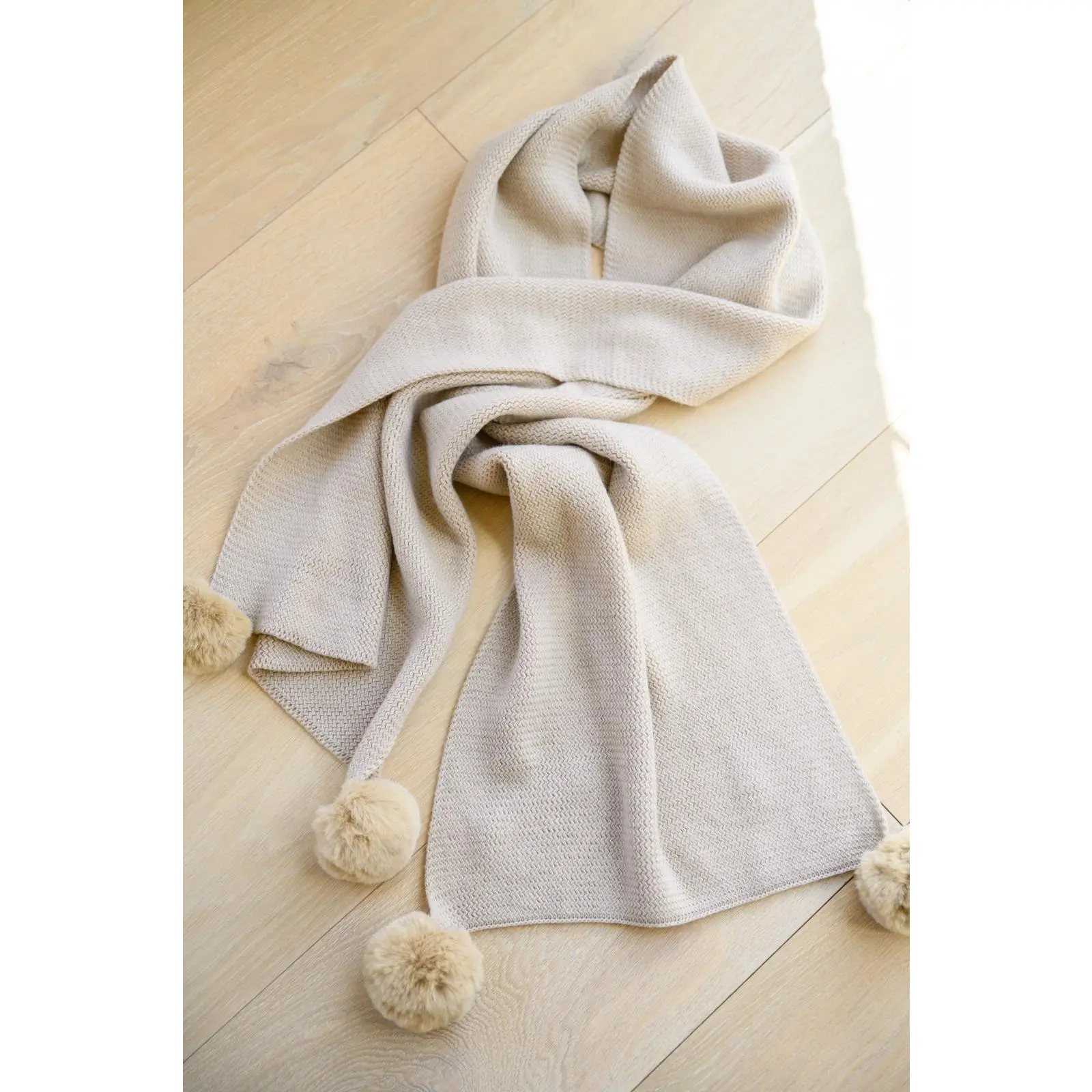Knitted Fuzzy Pom Pom Scarf In Beige