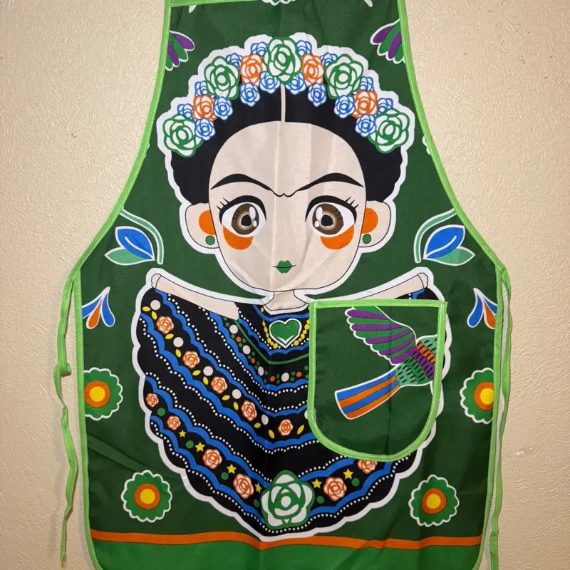 Authentic Mexican Style Apron - Green Frida Kahlo Design with Colorful Flowers & Pockets - Mexican Aprons Mandiles Mexicanos