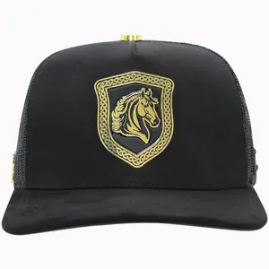 FERRETI HATS PREMIUM FT132 Horse Greca Cotton Trucker Hat with Unique Golden Horse Logo Design