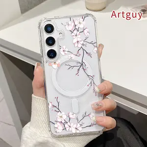 Magnetic Phone Case Supports Wireless Charging for  Samsung Galaxy S26 Edge S23 Ultra S24 Plus FE S25 S22+ Blossoming Cherry Dreams Pattern Non-Yellowing Shockproof Soft Silicone Transparent Acrylic Large Hole Cover