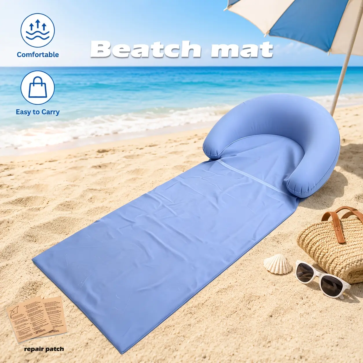 1 piece beach mat with inflatable headrest, anti-sand mat, suitable for outdoor camping and picnics, single-person sleeping mat, foldable portable moisture-proof mat, sunbathing mat, comes with repair tools