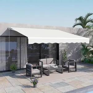 12' x 10' Electric Awning, Retractable Awning, UV Protection Sun Shade Shelter with Remote Controller and Manual Crank Handle for Deck, Balcony, Yard, Cream White