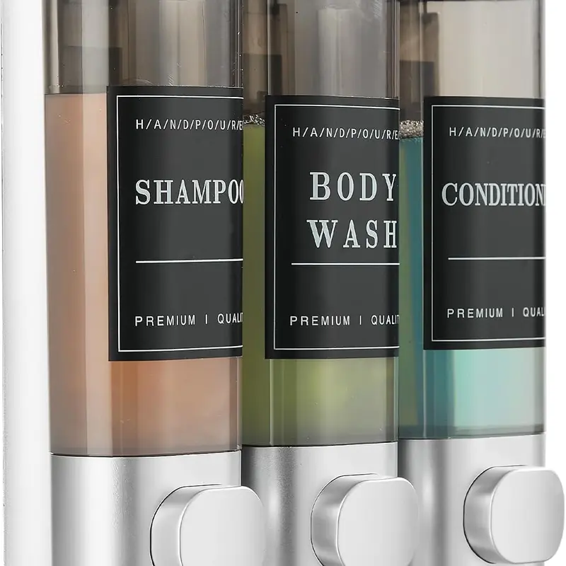 Zoronk Silver Push-Button Wall-Mounted No-Drill Leak-Proof Corrosion-Resistant Shower Soap Dispenser (3x300ml) - Bathroom Accessory with Waterproof Labels, 3 Units for Home, Business/Club Use (Child-Safe Design)