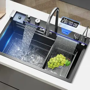 304 Stainless Steel Waterfall Kitchen Sink Large Single Slot Integrated Digital Display Faucet Set with Soap Dispenser & Cup Washer for Hotels Restaurants Homes