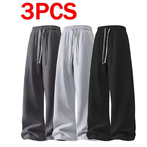 Men's 3-Pair Plain Joggers - Menswear, Soft 100% Poly Lightweight Loose Straight Sweatpants, Drawstring, Side Pockets, Comfortable, Light Grey/Black/Dark Grey, All Seasons, for Sports, Gym, Casual Use