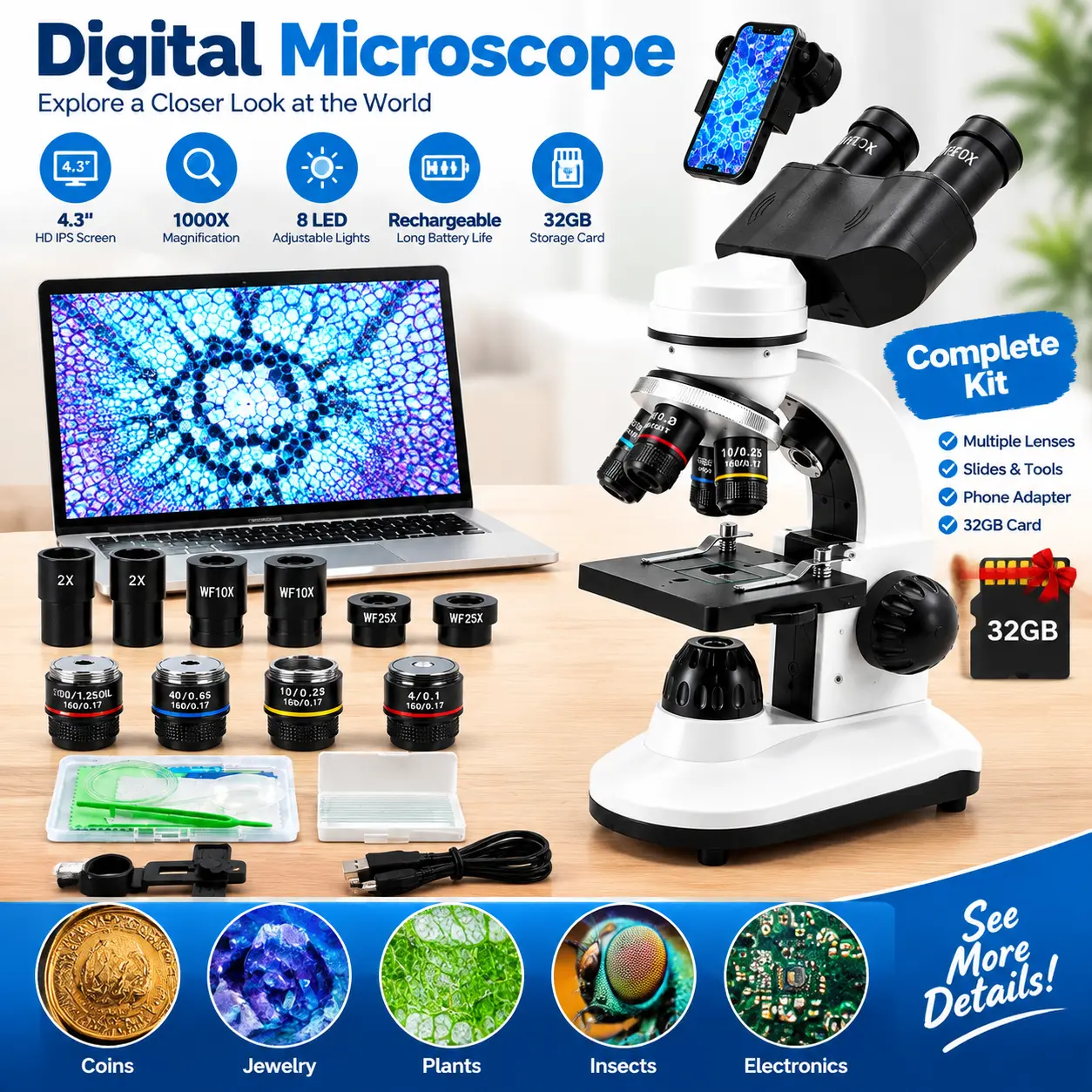 Compound Microscope 40X-1000X, Student Microscope Kit with Smartphone Adapter, LED Light, Prepared Slides Accessories, Science STEM Educational Toy for Kids, Teens, Students, Beginners and Home School