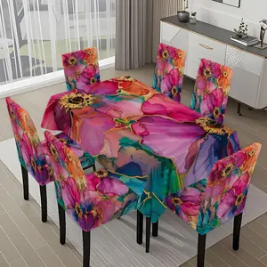 5/7-piece 2D Flat Printing Happy Spring Colorful Flowers Printing Pattern Tablecloth and Chair Cover Set, for dining table and chair decoration, perfect for home, holiday gatherings, restaurants, and parties. Dining Chair Slipcover