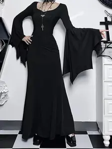 Dark Gothic Black Dress with Flared Sleeves | Halloween Witch Vampire Costume | Sexy Cosplay Maxi Gown | Trending Clubwear | Alternative Y2K Outfit