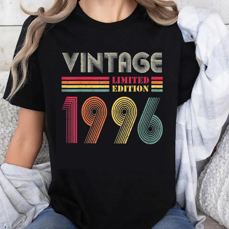 Women's 100% Cotton Casual Short-Sleeve Graphic Round Neck T-Shirt, 1996 Vintage Limited Edition Retro Colorful Design, Streetwear Birthday Gift, Shortsleeve, Top, Tshirt, Everyday