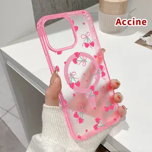 Magnetic Soft Case for iPhone 16 15 14 Pro Max 13 12 11 XR XS E Plus Drop Protection Transparent  Sweet Hearts and Cherries Pattern Shockproof Silicone Cover Supports Wireless Charging