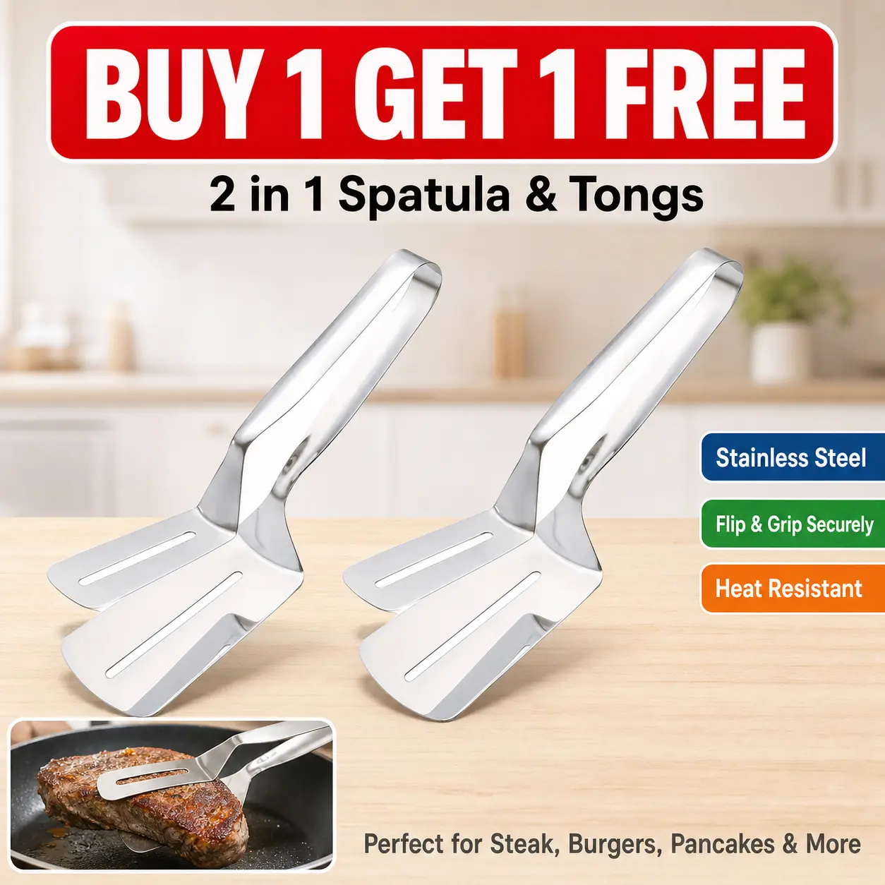 Buy 1 Get 1 Free 2-Piece Stainless Steel 2-in-1 Spatula-Tongs Utensil Set - Silver Kitchen Tools and Gadgets, Durable Heat-Resistant Cooking Accessories for Home Flipping Food, Flip & Grip Securely
