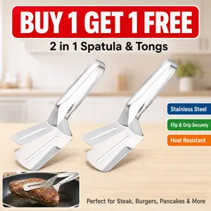 Buy 1 Get 1 Free! 2-in-1 Stainless Steel Spatula & Tongs - Silver Egg Flipper Pancake Steak Turner Omelet Spatula Fish French Toast Turner for Home Kitchen Cooking Tools Utensils