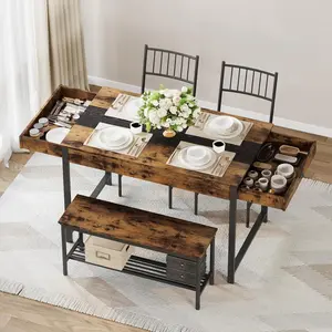 Dining Table Set for 4 Small Kitchen Table and 2 Chairs for 4 with Bench Breakfast Nook Rectangular Farmhouse Table Set Space Saving Kitchen Table Set with Storage Drawers Retro Brown Living Room Set