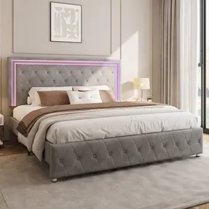 Upholstered Platform Bed Frame - Twin/Full/Queen Sizes, Button Tufted Adjustable Headboard, Built-In LED Lights, No Box Spring Required, Ideal for Bedroom Decor Ideas