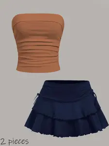 A 2-piece set of casual, sleeveless tops and half-length skirts for teenagers, perfect for comfortable workouts, outings, and gatherings. Teen clothing, Matching Clothing Set