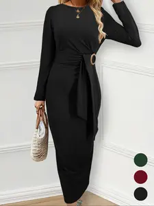 Fashionable Elegant Solid Long Sleeve Waist-Tie Fitted Womenswear Dress, Slim-Fit Midi Bodycon Style for Various Occasions, Versatile Wear for Outings & Layering