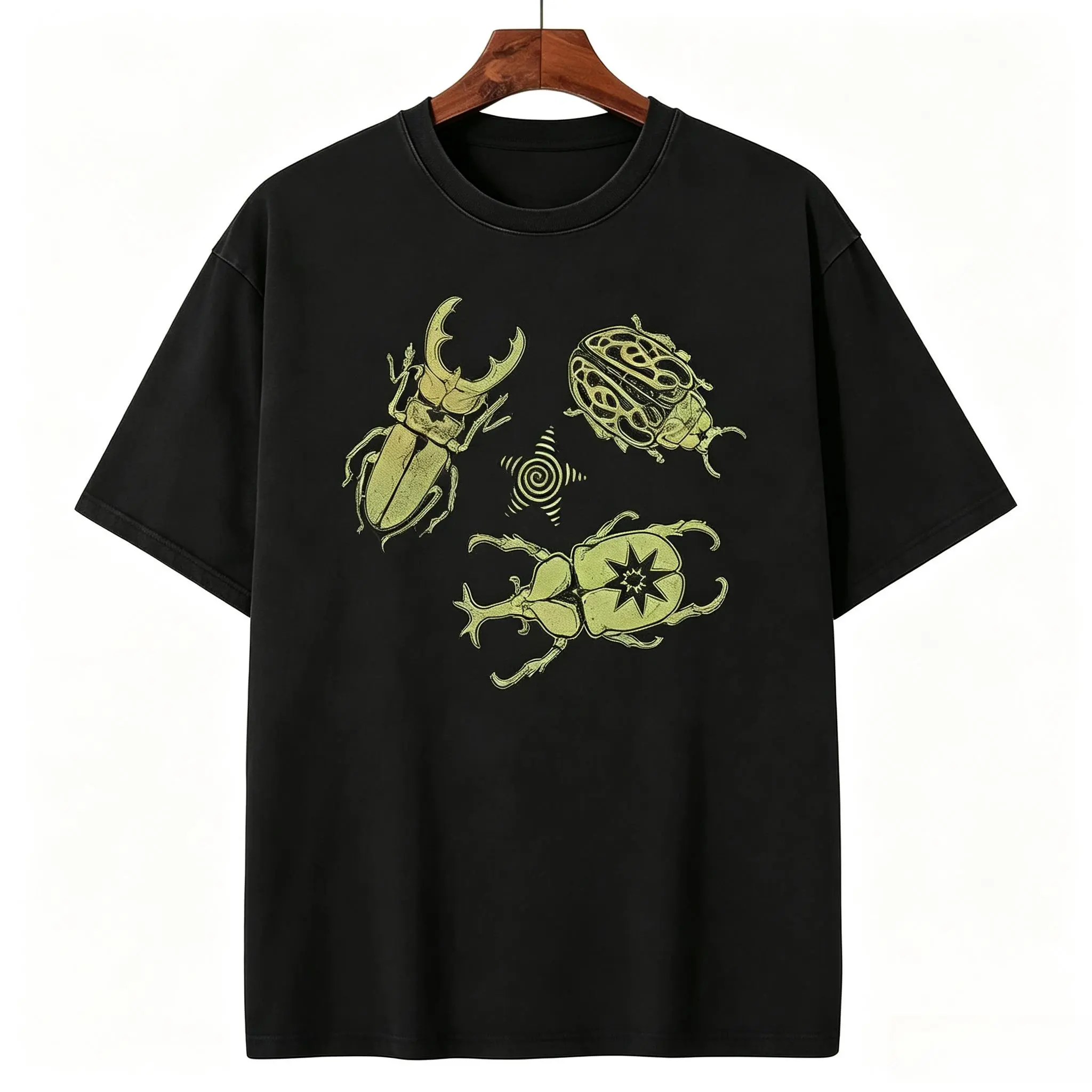 Women's Allomyrina Dichotoma Beetle Printed Casual Short-Sleeve Round Neck Vintage Cotton Top - Unisex Oversize Fit, Natural Fabric,  Summer Vibes