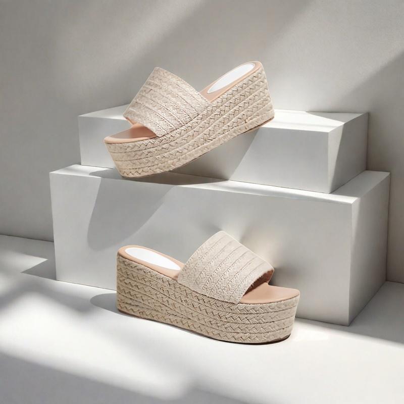 CELNEPHO Womens Platform Sandals Round Open Toe Espadrille Flatform Mules Easy Slip-On Sandals Casual Beach Straw Raffia Daily Wear Fashion Dress Shoes