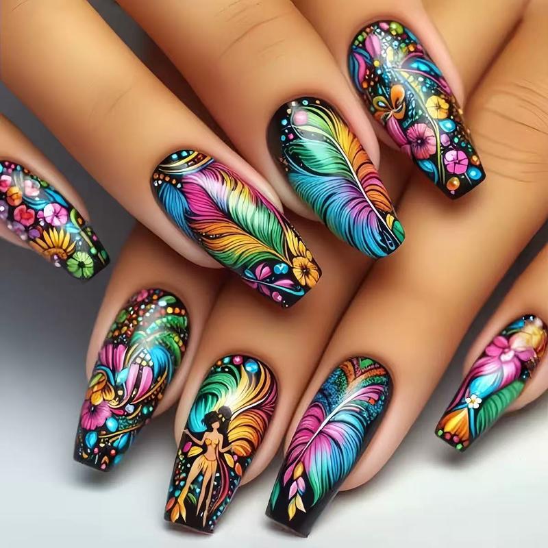(216 Pieces) 9 Sets of Vibrant Press-On Nails - Mixed Colors, Floral, Cosmic, and Geometric Patterns, Medium Almond Shape, Glossy Surface - Diverse Styles, Fashionable Nail Art, Vibrant Nail Art | Pattern Embossing | Complex nail designs, nail accessories