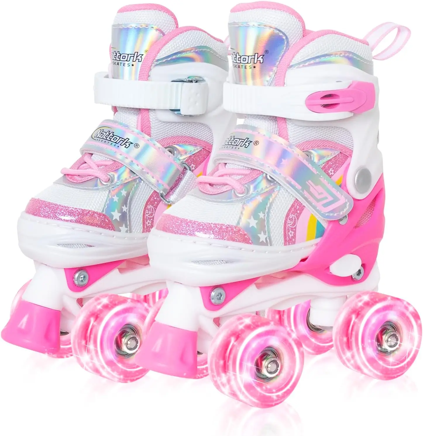 Nattork Girls' Rainbow Quad Roller Skates, 4-Size Adjustable Shoes with Wheels for Kids, 8 Light-Up PU Wheels, ABEC-7 Bearings & Extra Toe Padding, Extra Padding At The Toe, Ride On Wheels