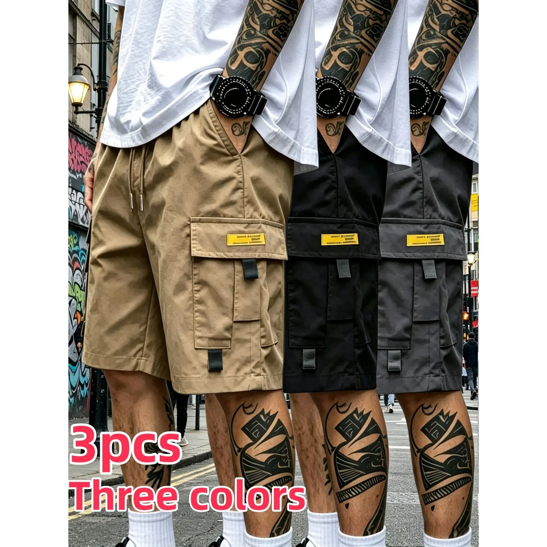 Men's Plain Aesthetic Medium-Length Loose-Fitting Adjustable Outdoor Work Shorts 3-Pack Set, Drawstring Waist, Multi-Pocket Lightweight Summer Casual Street Style Bottoms, Medium-Length Men's Shorts, Loose-Fitting Men's Shorts